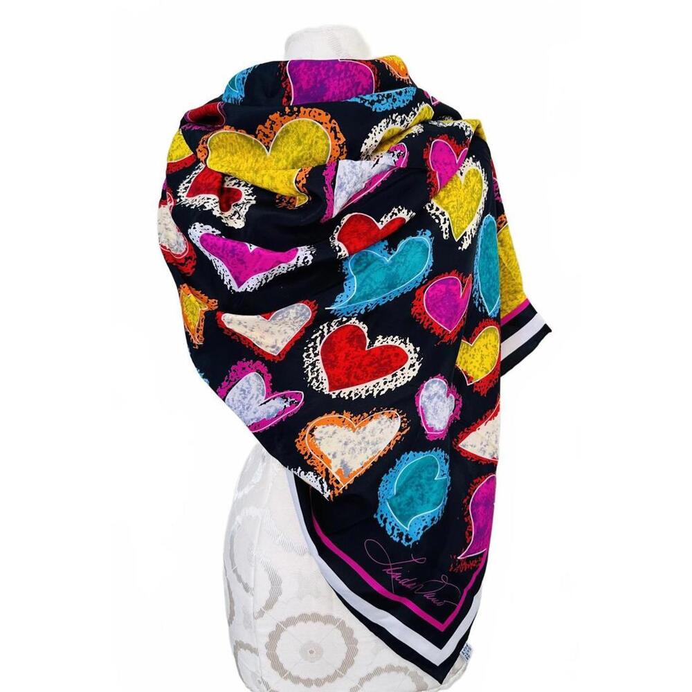 VTG Linda Dano 100% Silk Colorful Heart Patterned Scarf w black Background
